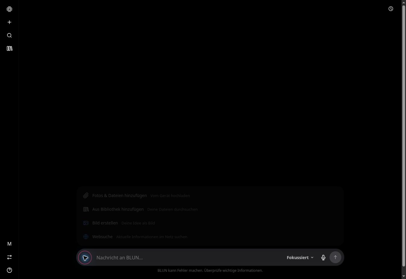 Werkzeugauswahl für Dateien, Bibliothek, Bilder und Websuche in einem leeren Chat